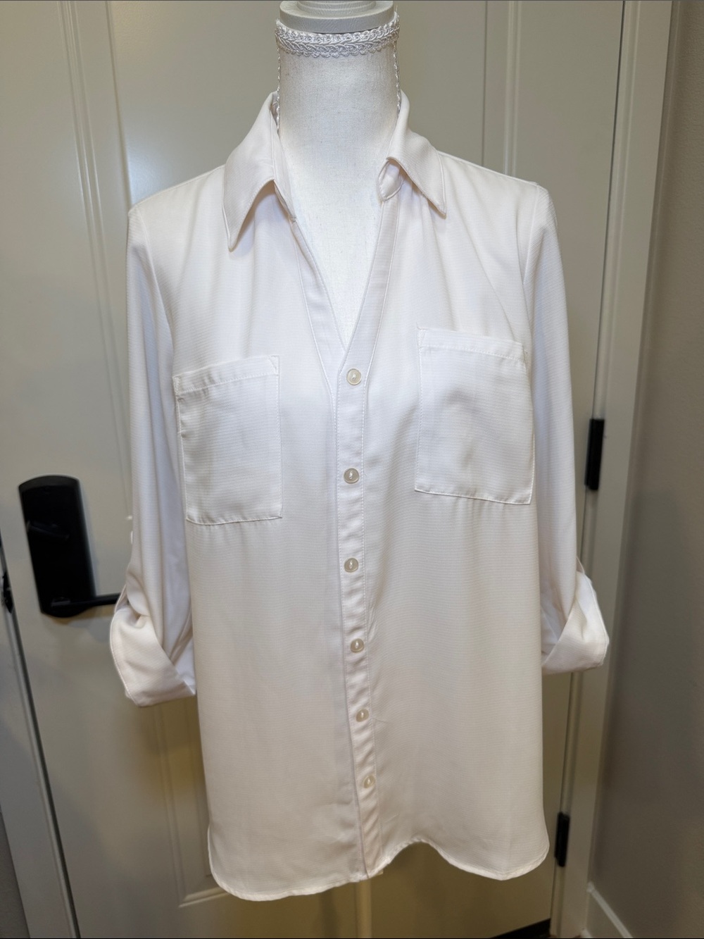 Womens Casual Cream/ Ivory Button-Down Shirt with roll- tab sleeves.